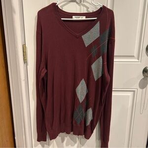 Old Navy Maroon and Gray Argyle V-Neck Sweater